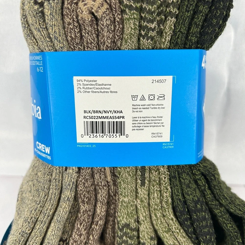 Columbia Mens Crew Socks 4 Pairs Green Tan Brown Reinforced Heel Toe Size 6-12